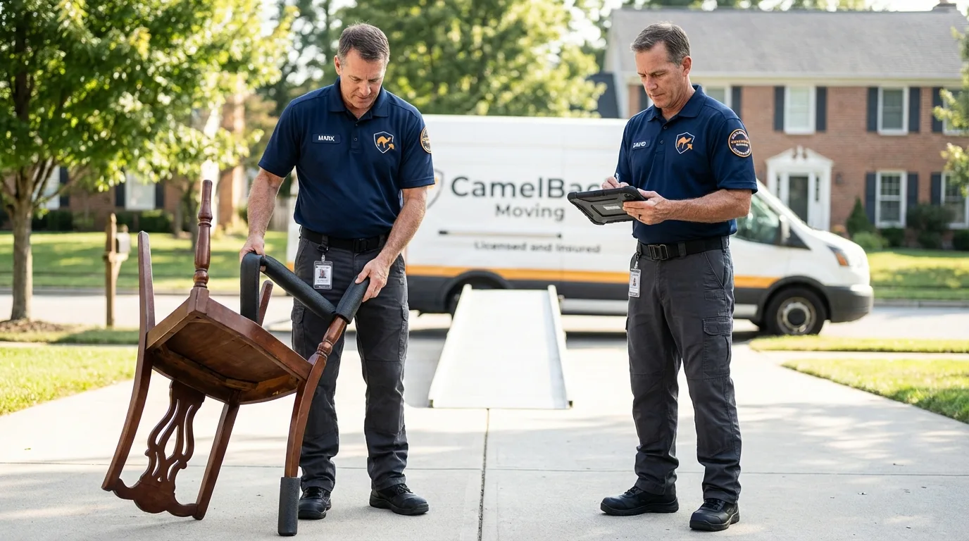 Movers inspecting furniture for damage prevention before loading in Burlington, WI