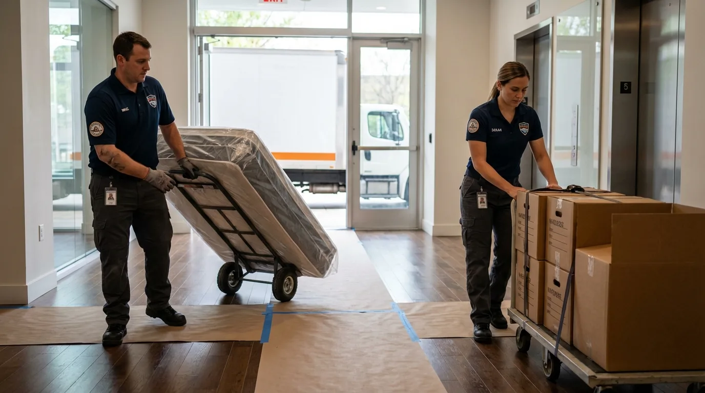 Professional apartment movers loading elevator in Burlington, WI